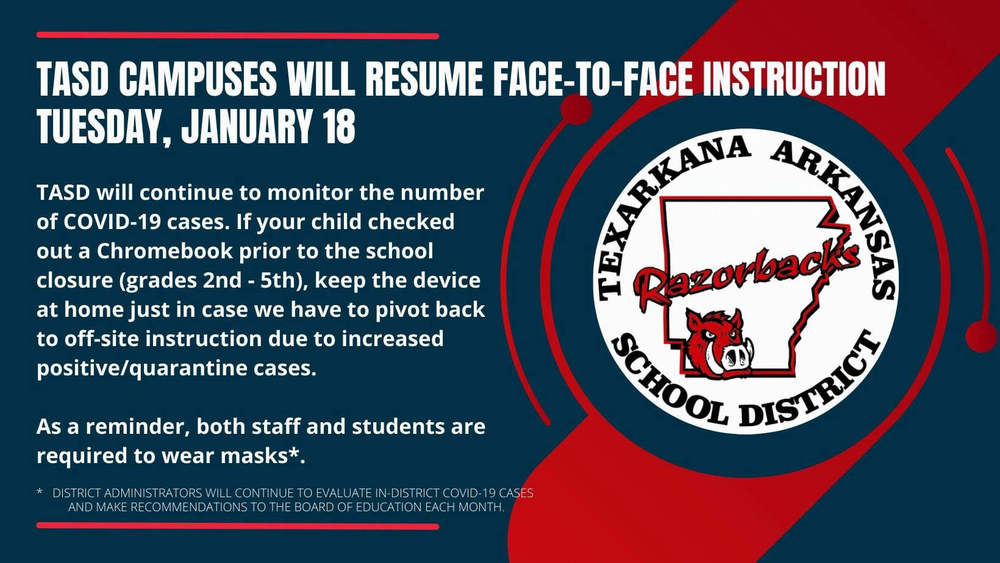TASD CAMPUSES WILL RESUME FACE-TO-FACE INSTRUCTION